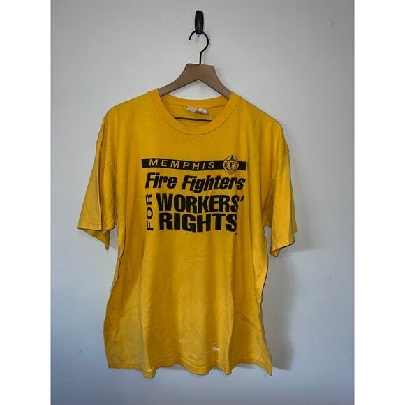 Vintage Memphis FireFighter Shirt  Workers Rights Tee Fire Fighter VTG XL Yellow - Picture 1 of 11